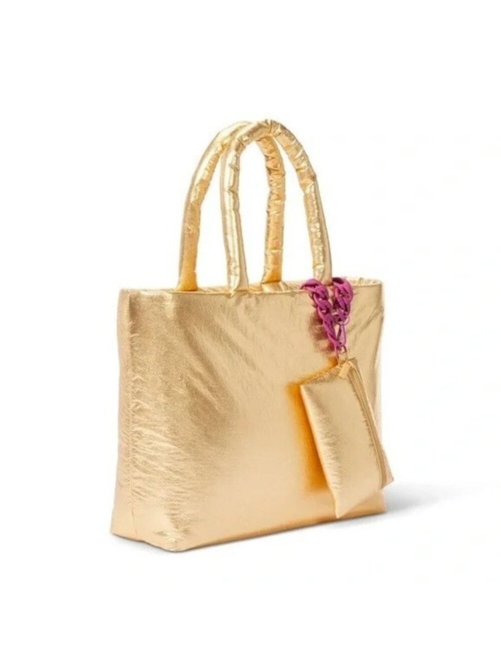Large Puffer Tote Bag Kika Vargas Shiny Metallic Gold w/ Clip on Mini Bag - Picture 4 of 9